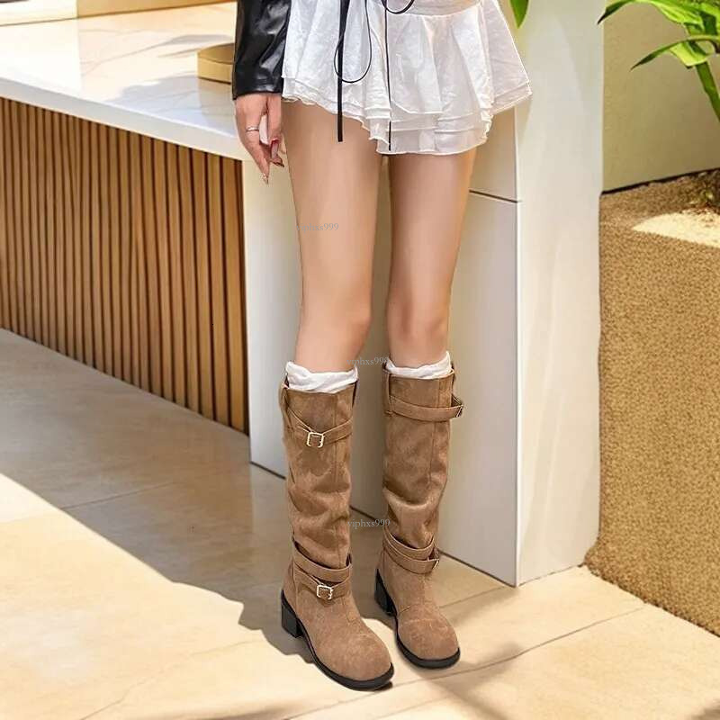 New Free Shipping Designer Shoes Long Leg Knight Women's Spring And Autumn New Style Thick Heel Western Cowboy Boots High Leg Slimming Pleated Pi