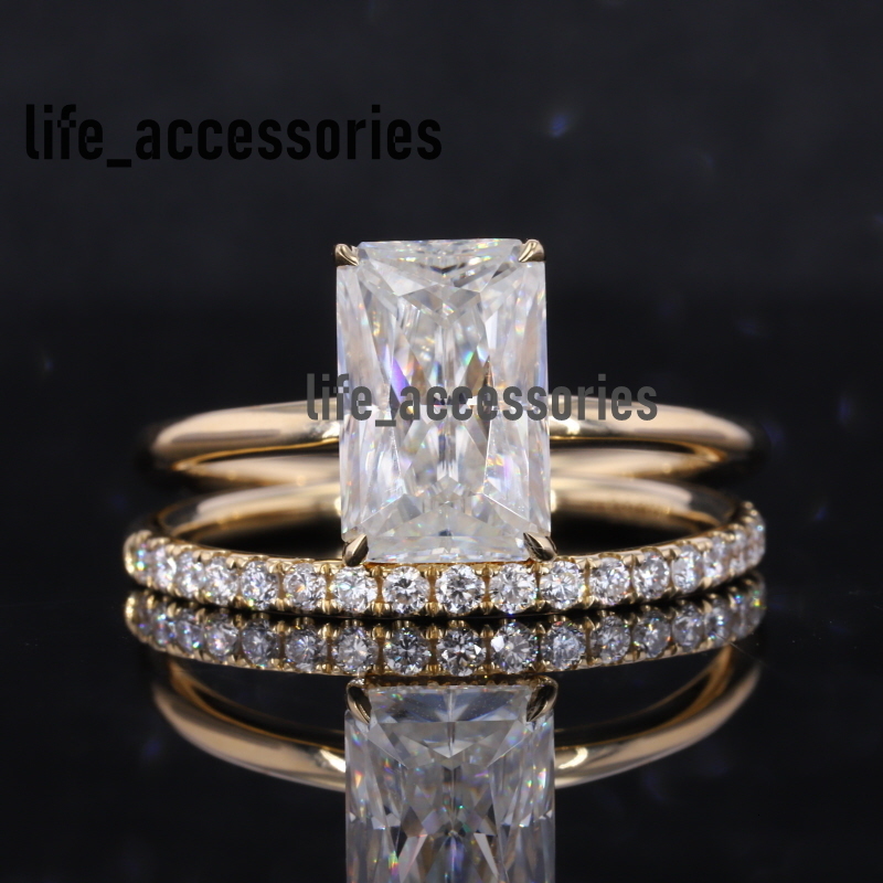 Starsgem 14k Yellow Solid Gold Radiant Crushed Ice Moissanite Ring with Hidden halo Eternity Band Ring Set