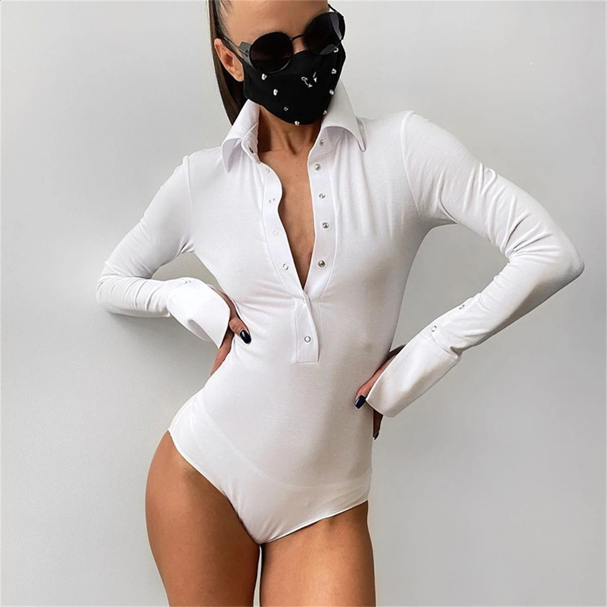 Womens sexy slim fit tight fitting 2025 long sleeved springsummer solid button jumpsuit polo neck basic casual Onesie 250411