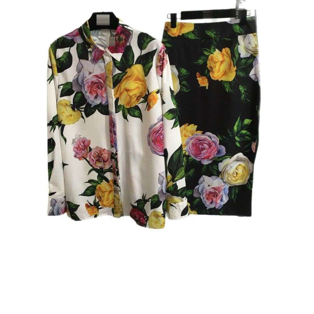 Designer clothing 2025 new set of colorful rose flower print temperament long sleeved shirt+hip hugging split high waist half skirt