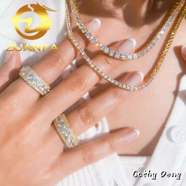 Fashion Rapper Jewelry Iced Out Hip Hop Ring Fully Moissanite 925 Silver 3 Row Moissanite Ring for Men Star Cuban Ring