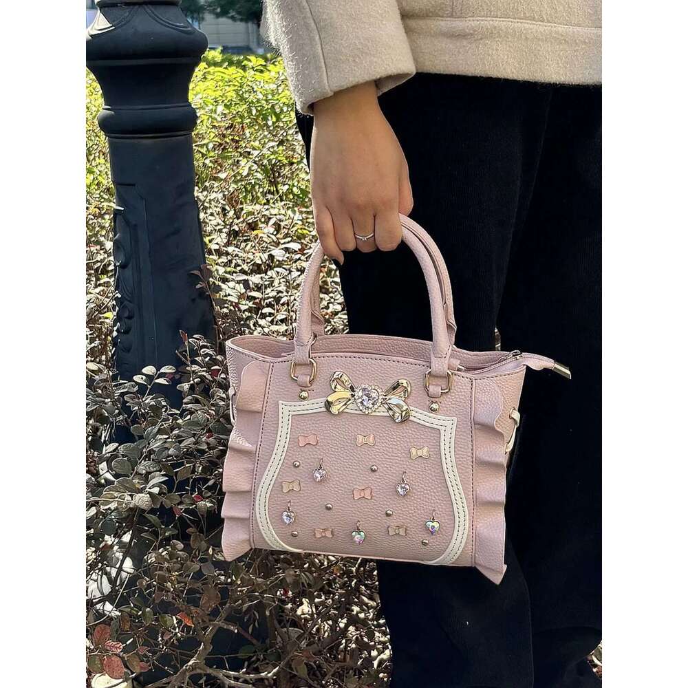 Sweet Mine Women's New Cute Lolita Handbag Gem Bow Shoulder Crossbody Small Tote Bag