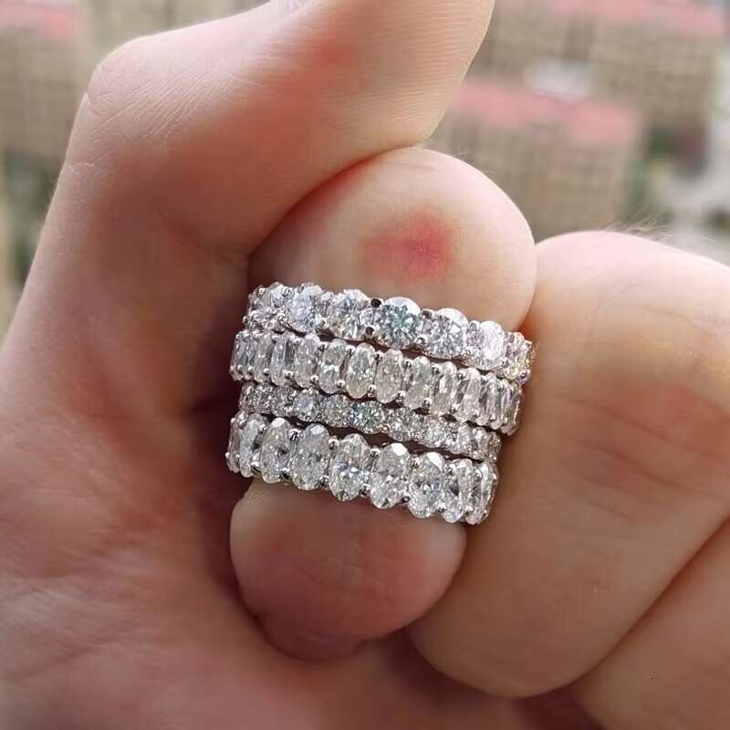 14K Solid White Gold Stunning Moissanite Wedding Band Full Eternity Oval Moissanite Ring for Women