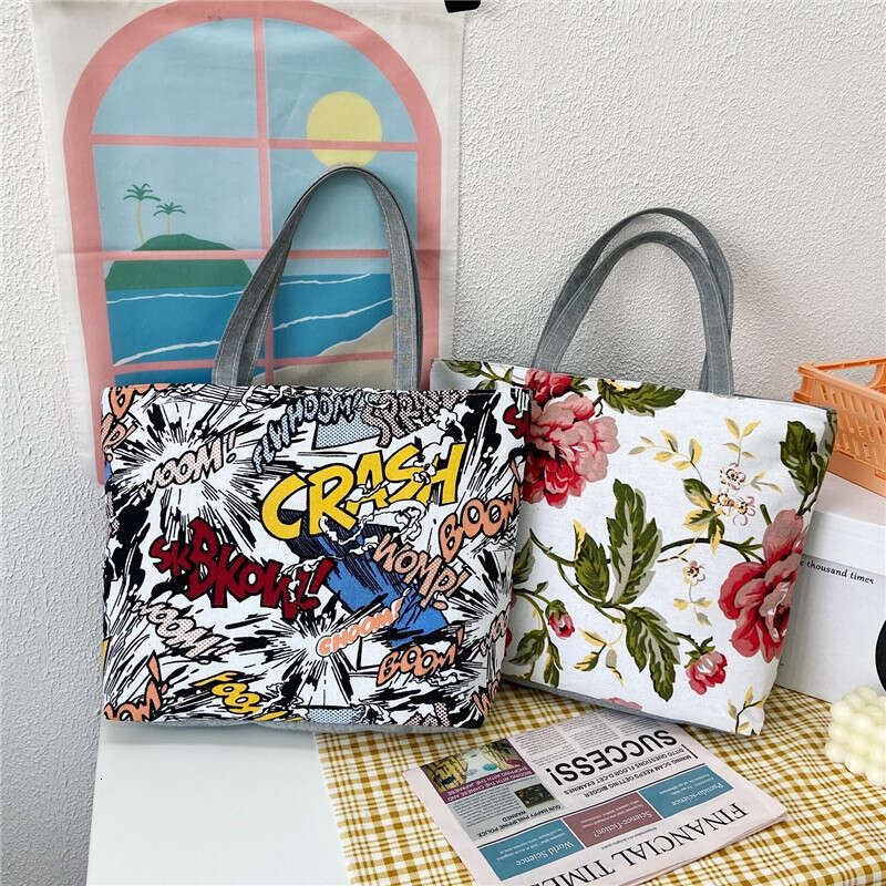 designer bag New canvas high-capacity women's printed handbag, Korean version tote bag, artistic student bag
