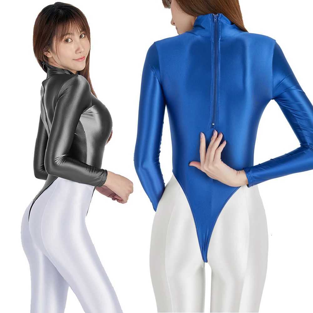 Womens Silky Shiny Spandex One-Piece Swimsuit Sexy Long-Sleeved Tights Back Zipped Leotard Glossy Swimwear for SummerW251113