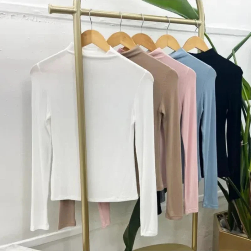 Summer 2025 Ribber Knitted Tshirt Womens Spring Irregular Hem Thin White Basic Long Sleeve Top Casual 250407