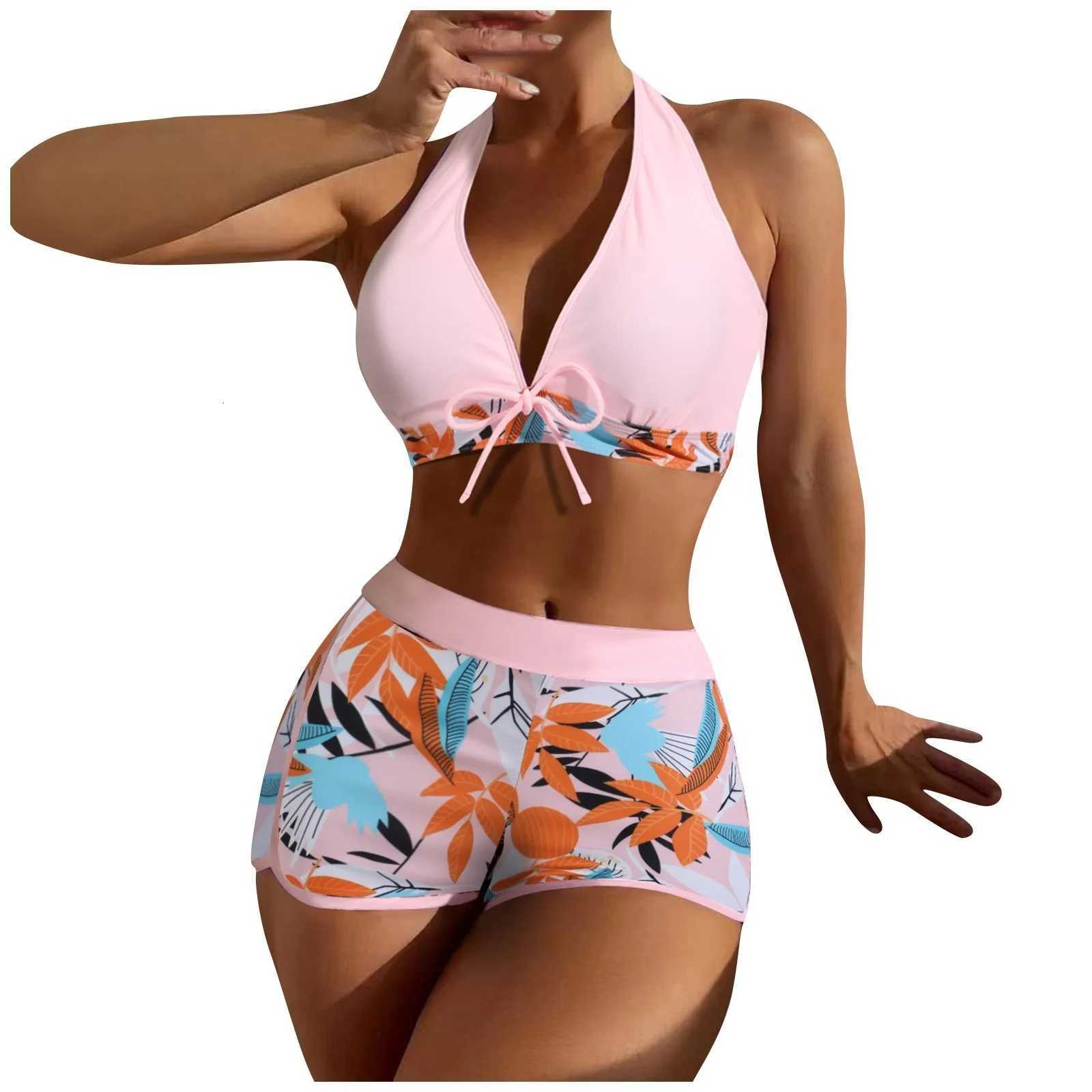 Womens Paneled Printed Swimsuit Ladies Fashion Sexy Split Boxer High Waist Swimsuit Two-Piece Set V-Neck Bathing Suits FemaleW251113