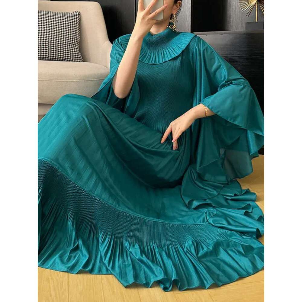 Miyake Pleated Long Party Dress Fashion Elegant Ruffles Spliced Batwing Sleeves Loose Solid Color Dresses 2024 Autumn New