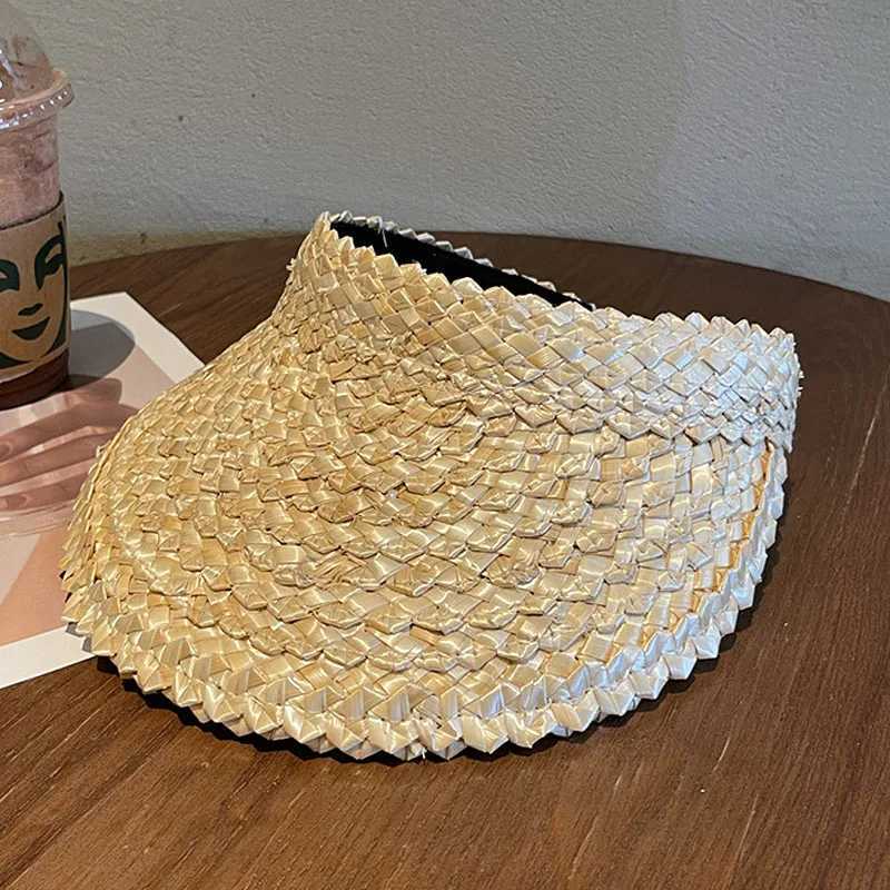 Rattan Sun Visor Hat for Women Natural PALM LEAF VISOR Wide Brim Sun Cap Girl Sunshade Summer Straw Beach Hat Derby Vacation HatC250412