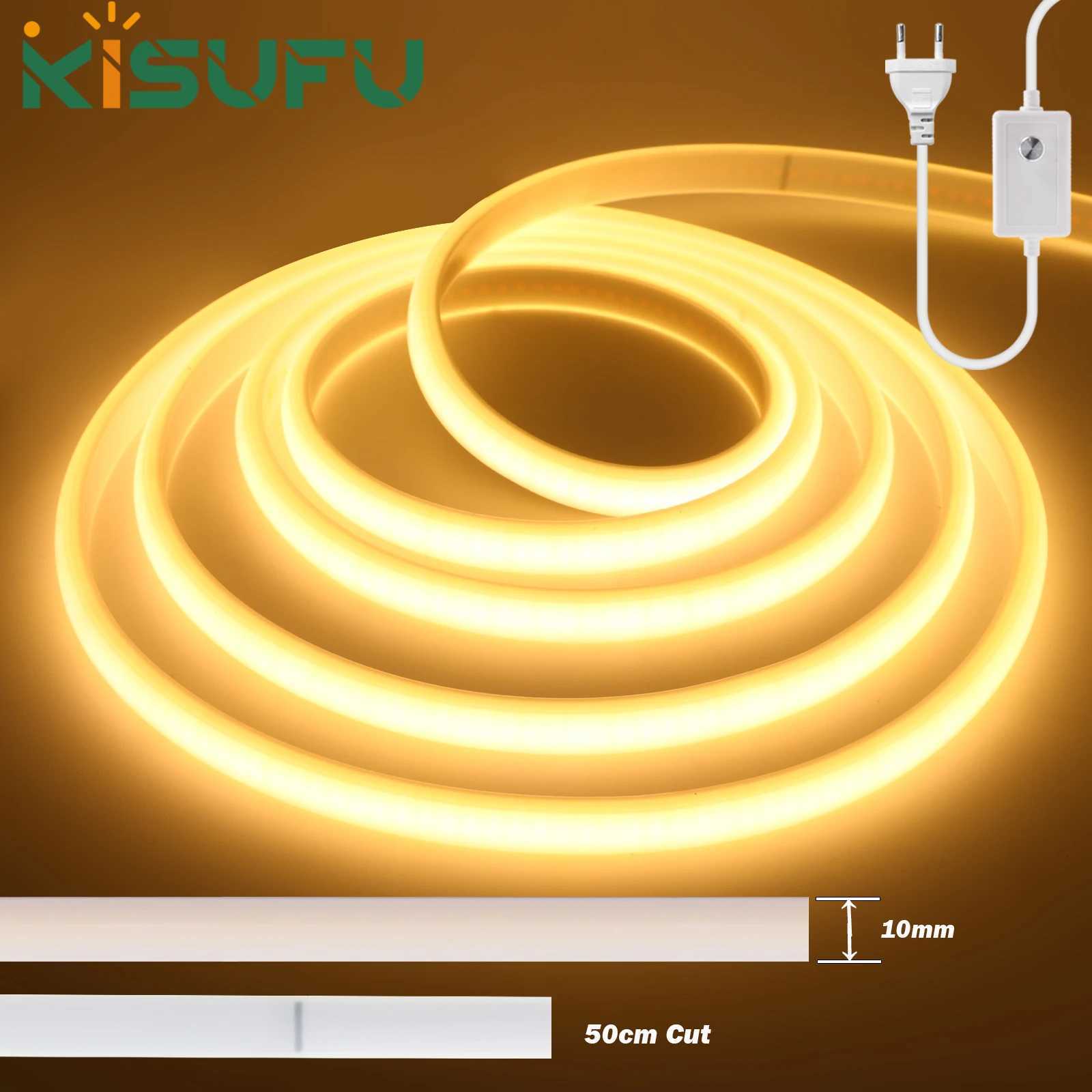 1-50M 220V COB LED Neon Strip Light IP67 Waterproof With Switch/Dimmer EU Plug White Natual Warm Flexible Ribbon Tape Room Decor W251112