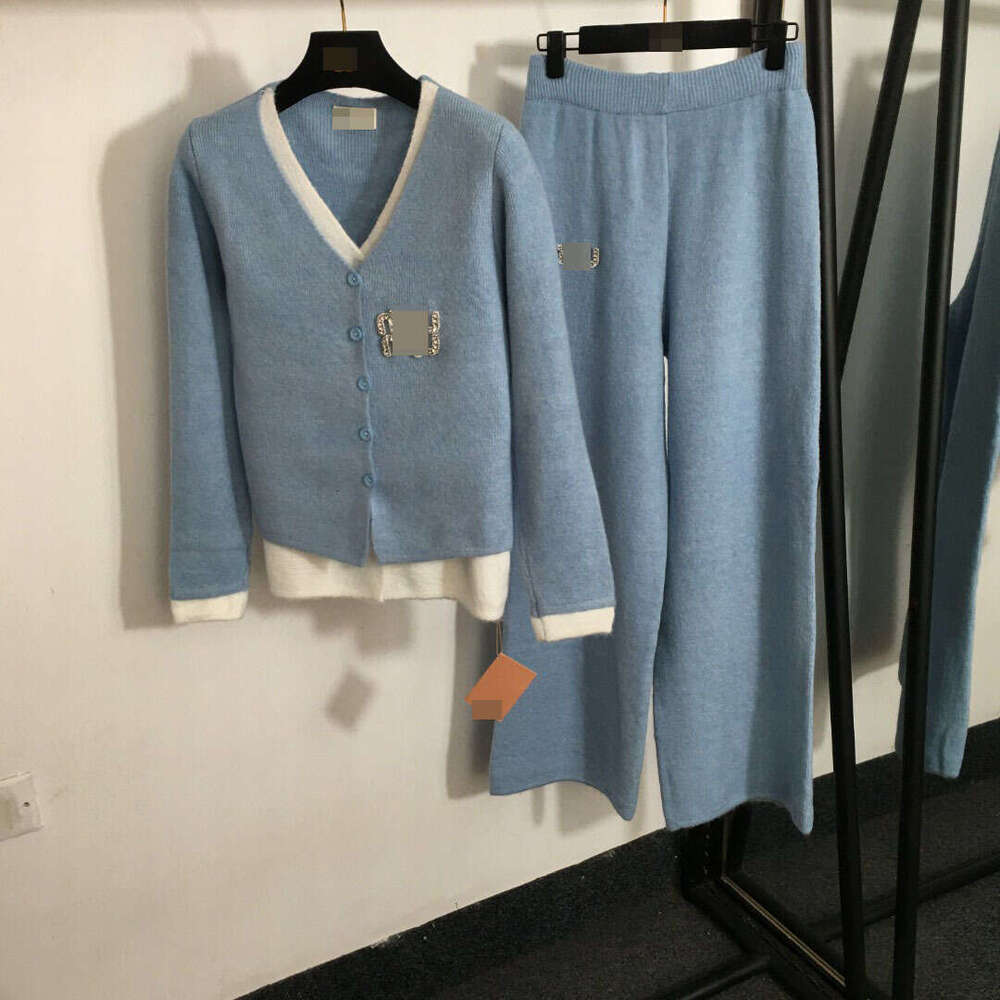 24 Winter New Set with Nail Bead Letter Fake Two Piece V-neck Long Sleeve Knitted Cardigan+High Waist Wide Leg Pants