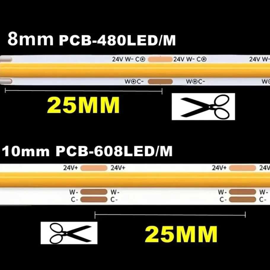 24V Dimmable 3 Color CCT COB LED Strip Light 8mm 10mm Width 2700K To 6500K Color-Changing LED Tape Linear Double Color RA90 W251112