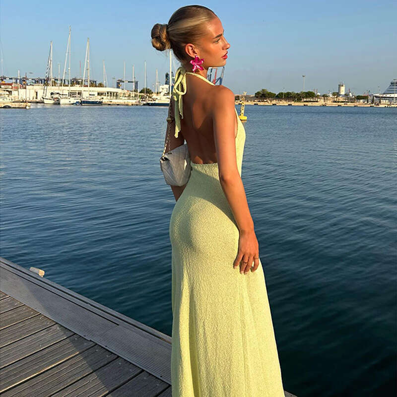 2024 deep V-neck backless long skirt sexy high slit camisole knitted dress