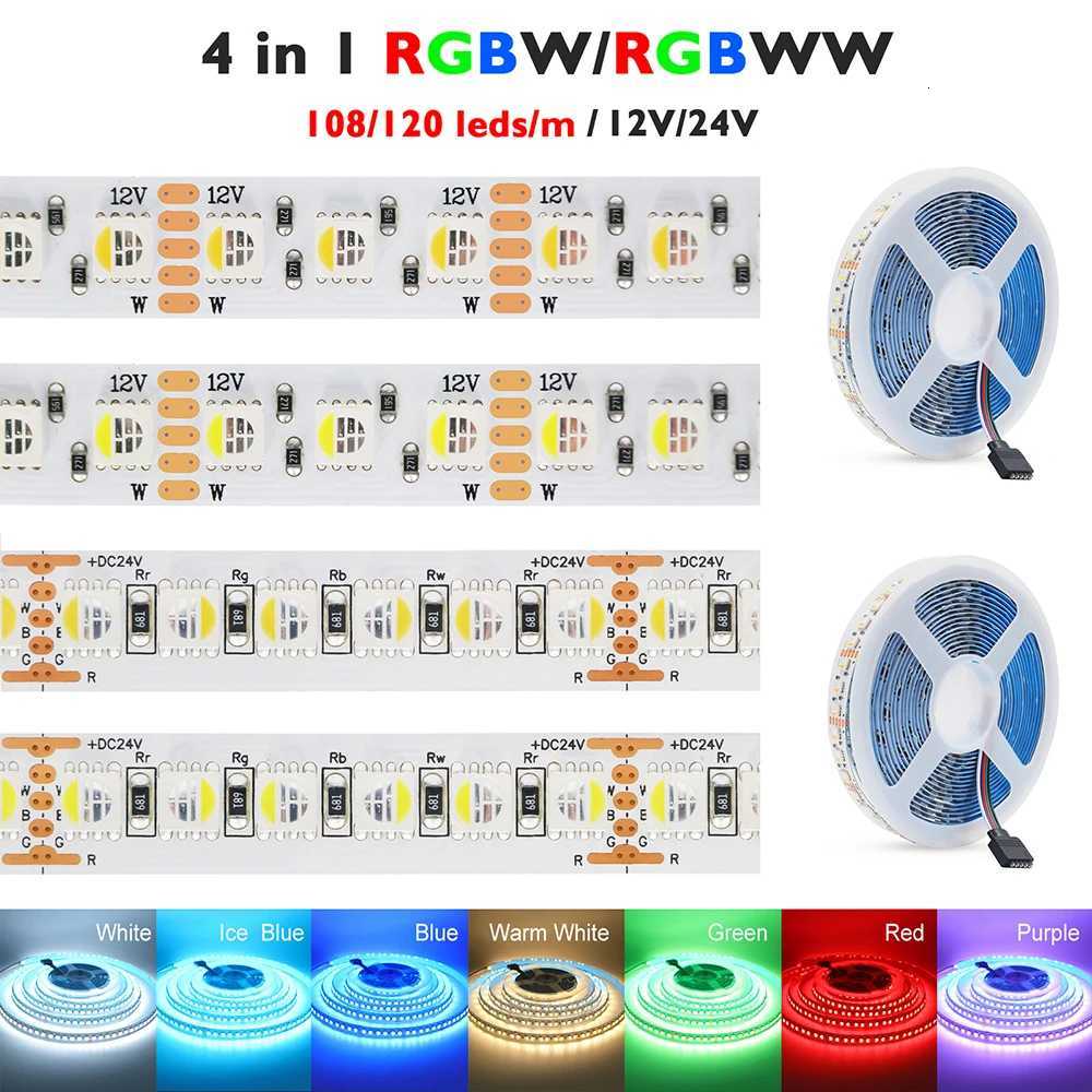 5m RGBW RGBWW Led Strip Light 4 Colors In 1 Chip 12V 24V 5050 120 60 108 LEDs Flexible Tape Ribbon RGB Warm White DC Home Decor W251112