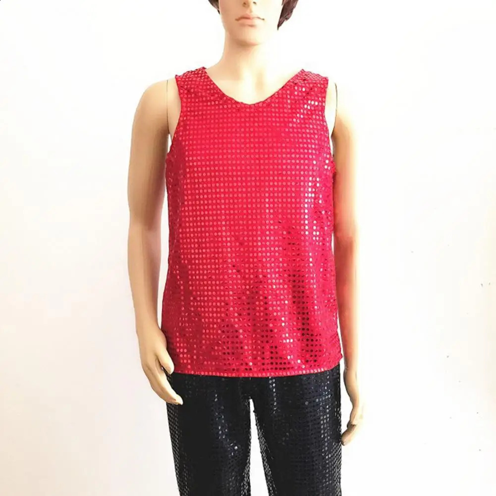 1Pc Cosy Dance Vest Sequin Patch Performance Clothing Shiny Elastic Tops Sleeveless Men Women Attractive Stage Dancing Camisole 250407