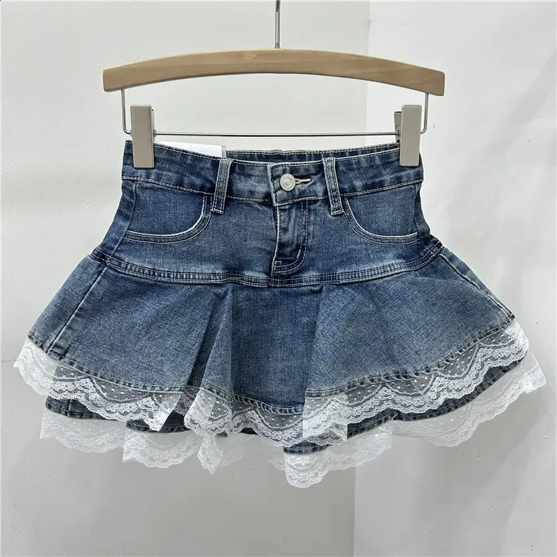 Elastic Lace Trim Denim Mini Skirt Womens A- Line Flared Cake Skirt High Waist Trendy Short Pants Autumn Collection 250407