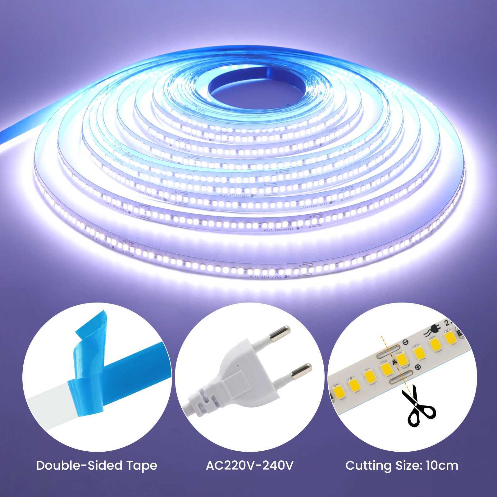 220V 2835 Adhesive Led Strip Light EU Plug 5M 10M 15M 20M IP44 240LEDs/m High Brightness Lamp Strip For Bedroom Kitchen Lighting M251113