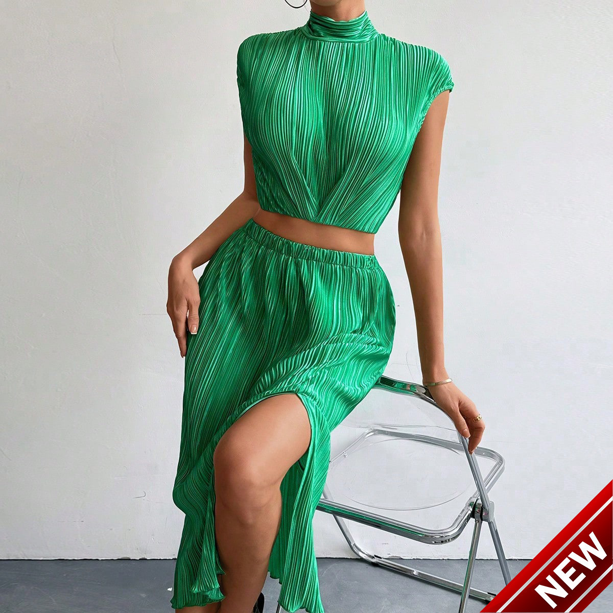 Temperament slit half skirt sleeveless slim fit top two-piece set summer sexy skirt set for women