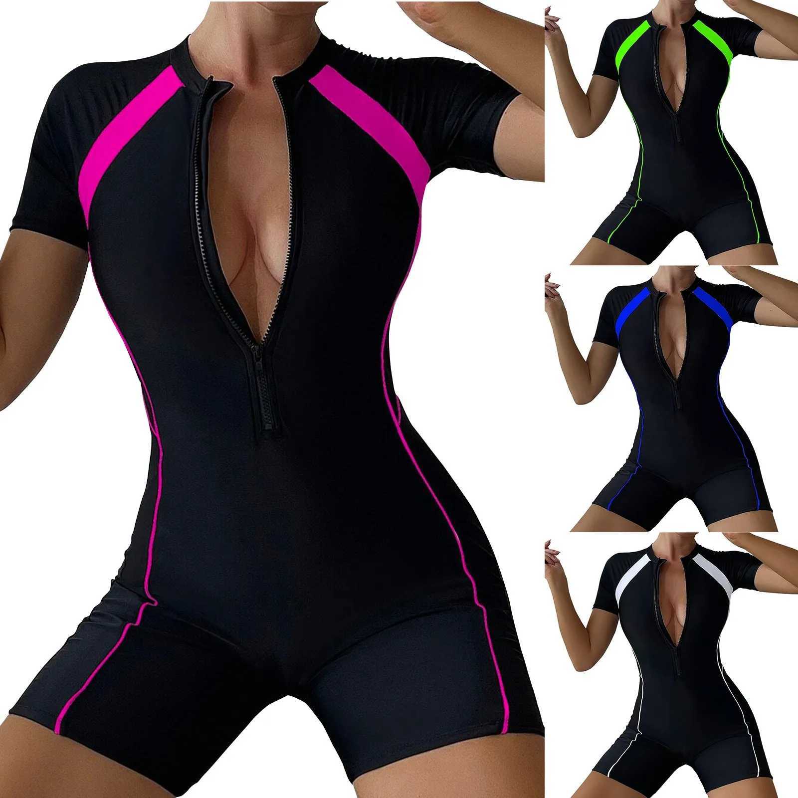 Female Summer One-piece Solid Color Patchwork Flat Angle Short Sleeved Zippered Swimsuit Sun Protection Quick-Drying SwimwearW251113