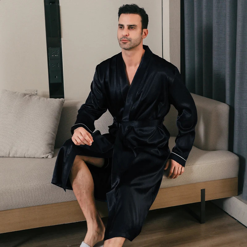Pajama mens spring and autumn silk thin style oversized pajamas long sleeved bathrobes ice silk bathrobes home clothing summer 250409