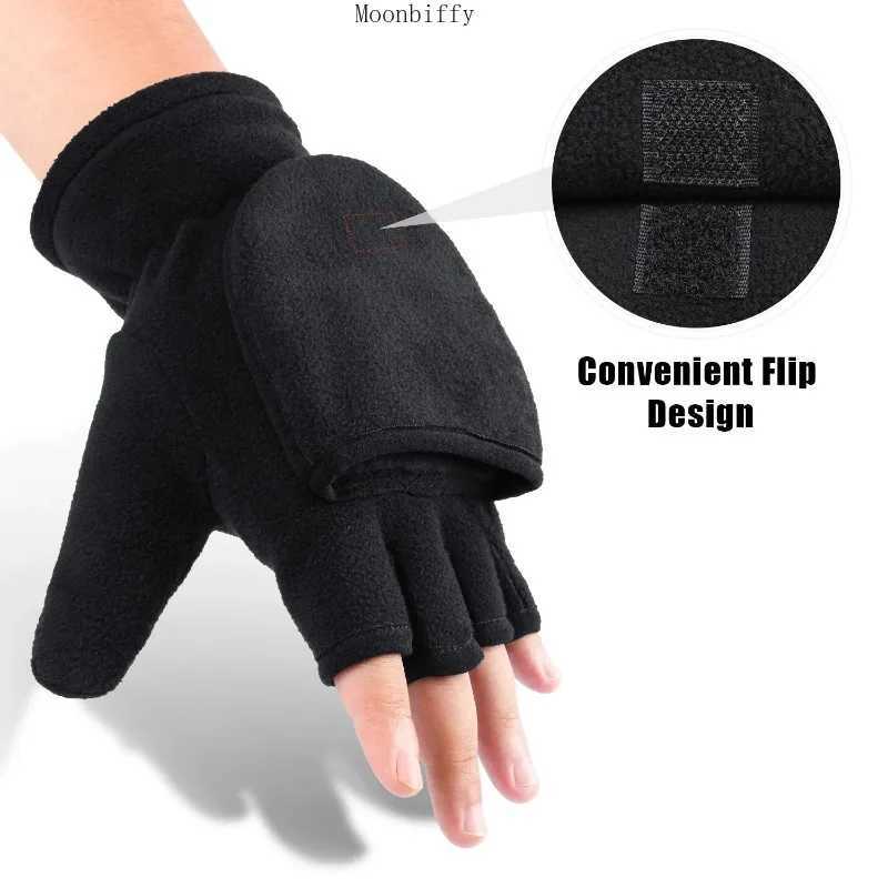 Women Men Winter Polar Fleece Half Finger Flip Gloves Double Layer Thicken Touch Screen Fingerless Convertible Mittens Wrist WarC250412