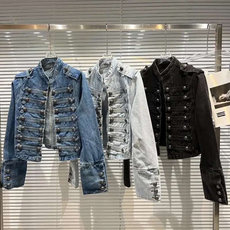Designer Clothes Retro Military Style Handsome Stand Collar Female Double-Breasted Old Wild Slim Short Denim Jackets Outerwear