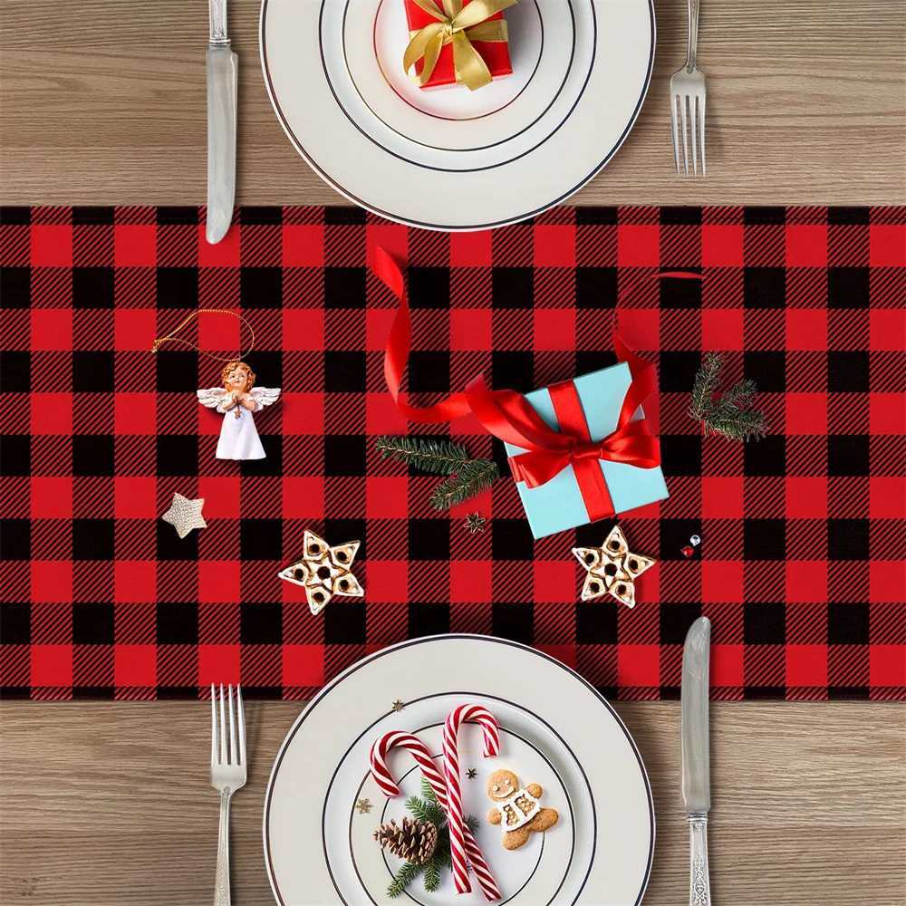 Christmas Christmas black red plaid table flag text Blessing Snow table Runner Family Holiday party kitchen table decoration Y251113