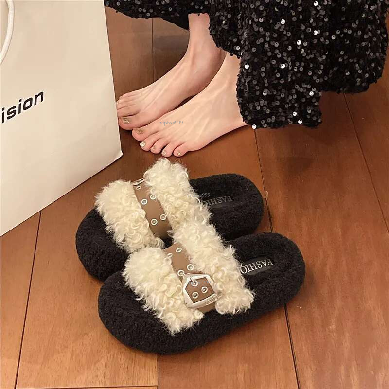 New Free Shipping Designer Shoes Premium Thick Bottom Belt Buckle Hairy For Women's Winter Outerwear 2025 Style With Skirt Teddy Plush Cotton Sli