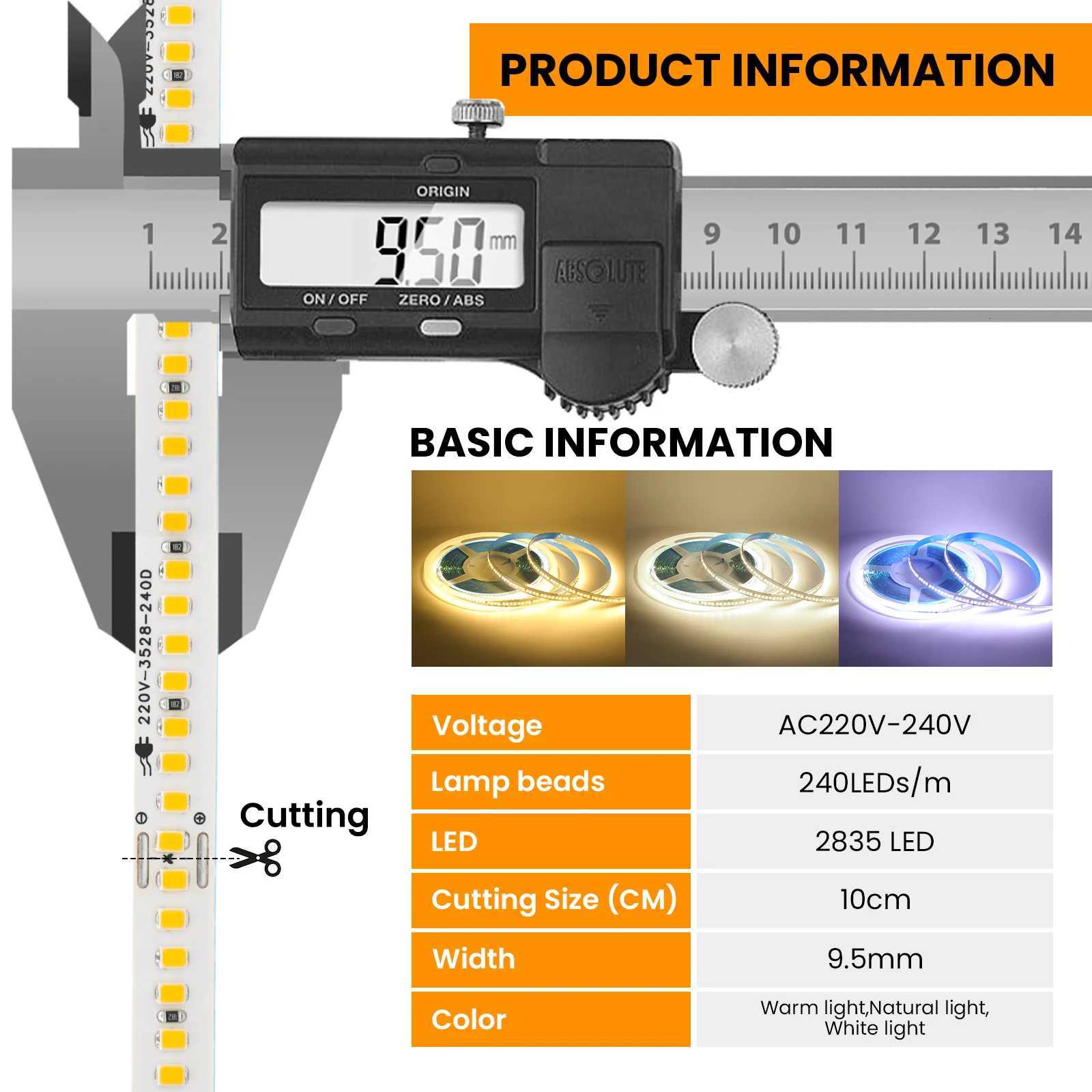 220V 2835 Adhesive Led Strip Light EU Plug 5M 10M 15M 20M IP44 240LEDs/m High Brightness Lamp Strip For Bedroom Kitchen Lighting M251113