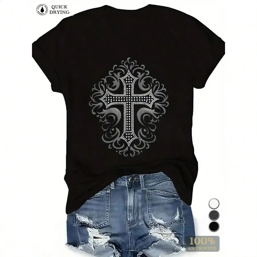 Casual staff collar Tshirt polyester knit fabric slightly stretched geometric cross pattern embroidery 250407