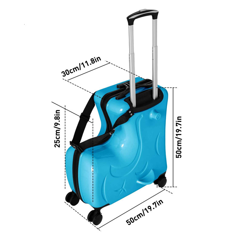 Children's Sit Ride Suitcase 20 Inch Kids Travel Trolley Waterproof Slide Rolg Lage With Lock Blue