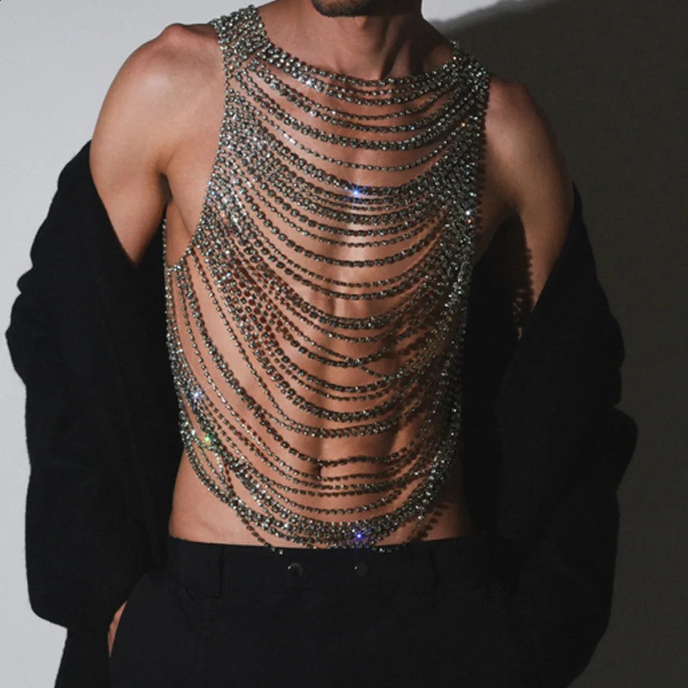 Fashionable shiny mens body chain underwear with rhinestones banquet stage performance party clothing accessories 250408
