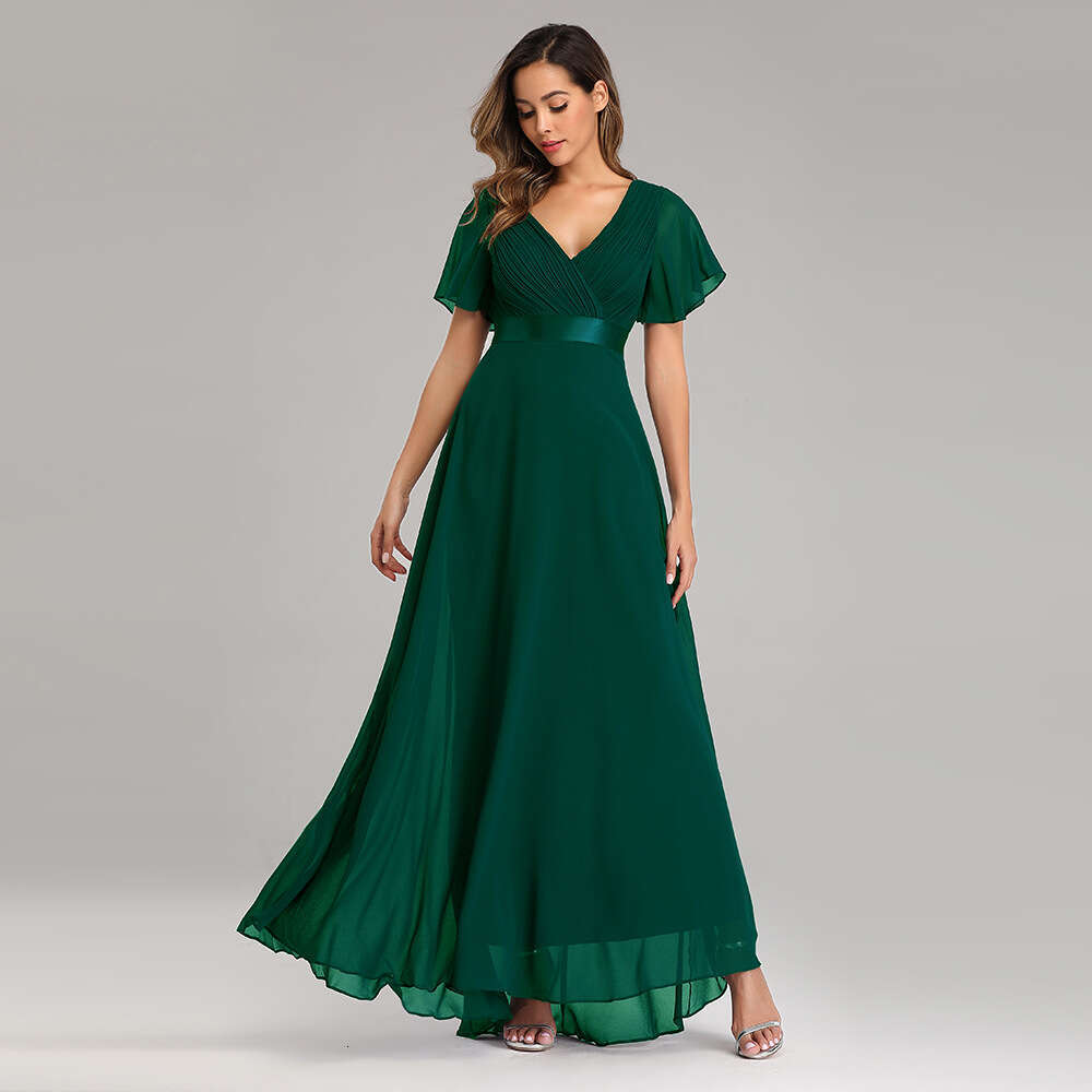 Designer 25 Spring/Summer Handmade Folding Big Swing Double V-Neck Trumpet Sleeve Elastic Chiffon Banquet Bridesmaid Large Evening Dress