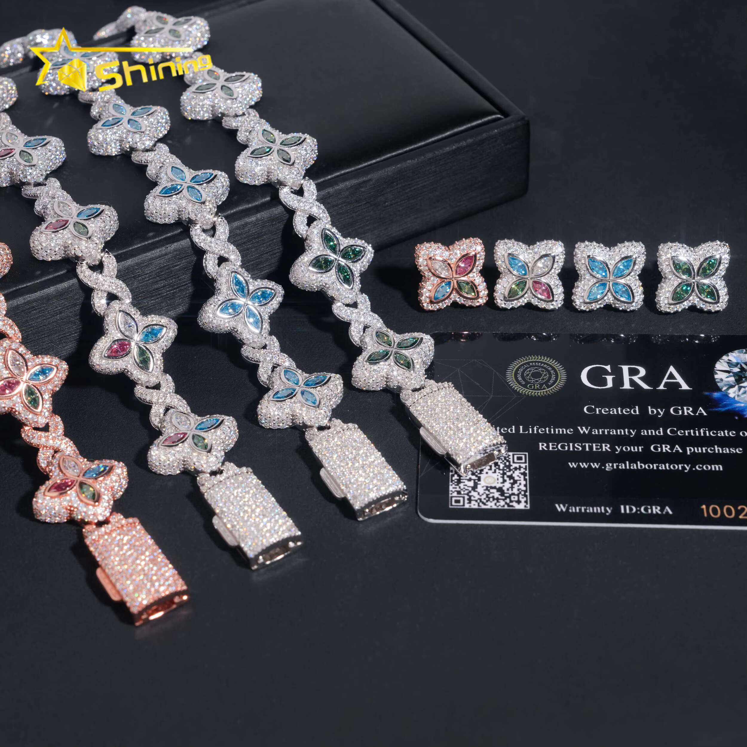 Hip Hop 925 Silver 18MM Width Colored Clover Moissanite Bracelet with Earrings Custom Iced Out Fine Jewelry Sets for Men Women