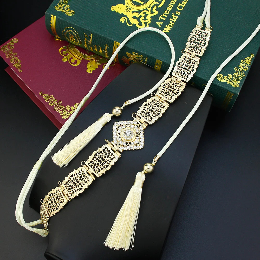 Sunspice Thin Womens Hand Rope with Gold Crystal Moroccan Waist Chain Caftan Abaya Body Chain Arab Bridal Jewelry 250408