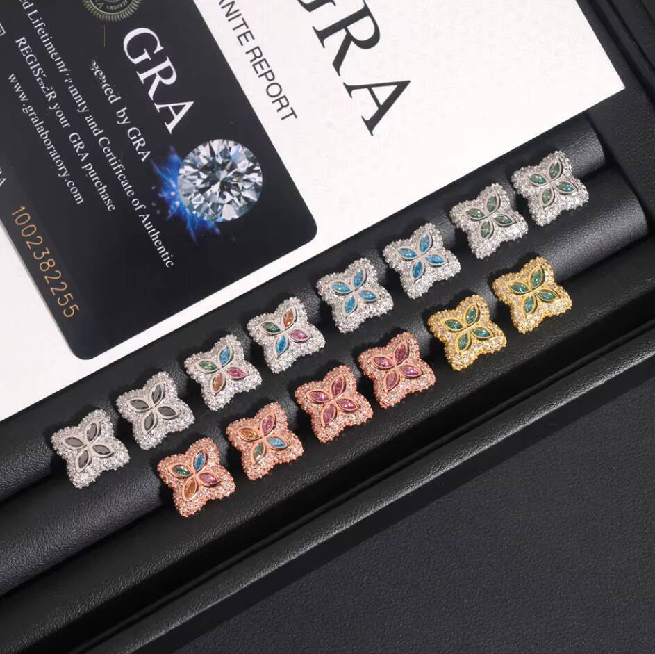 Ready to Ship 15mm Color Moissanite Flower Stud Earrings 925 Silver Hip Hop Iced Earrings Pass Diamond Test