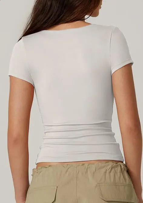 2025 womens heartshaped necklace short sleeved summer Tshirt solid color slim basic style fashionable crop n 250407
