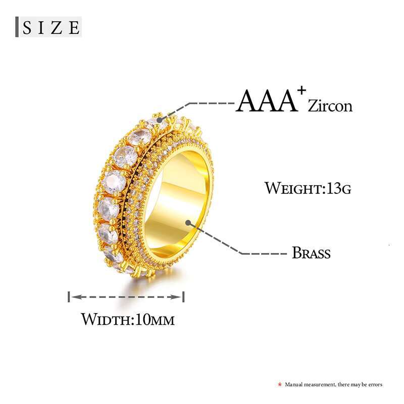 OEM ODM Service Rapper Jewelry Gold Plated Brass Rotatable CZ Gemstone Cluster Hip Hop Ring for Men