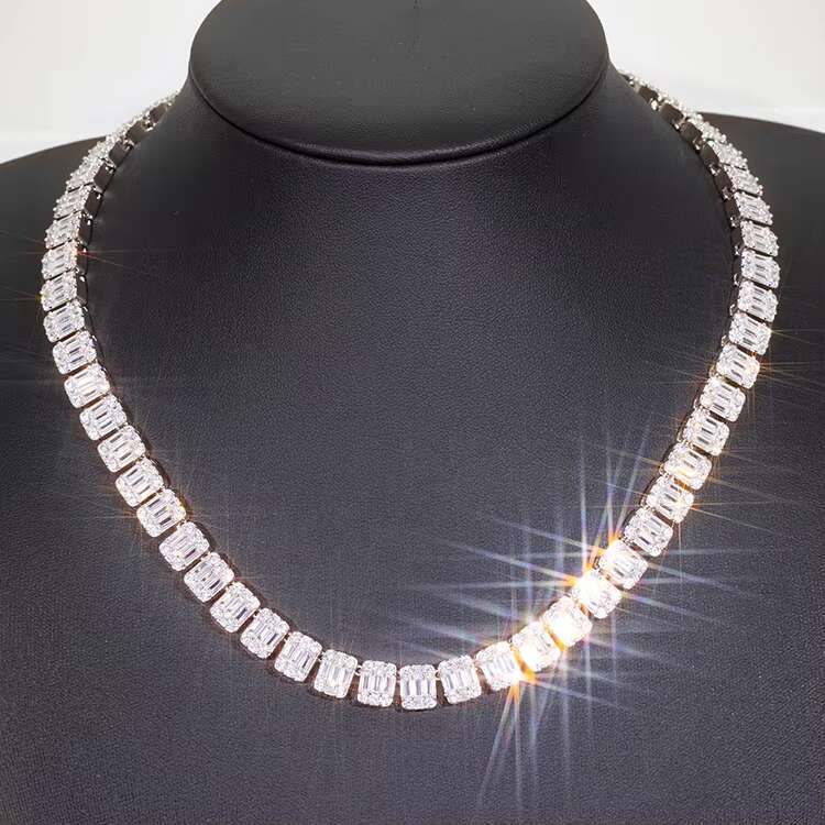 Fashion Design Solid Silver 9mm Wide GRA Baguettes Moissanite Diamond Iced Out Necklace Cuban Link Chain for Hiphop Rapper Life