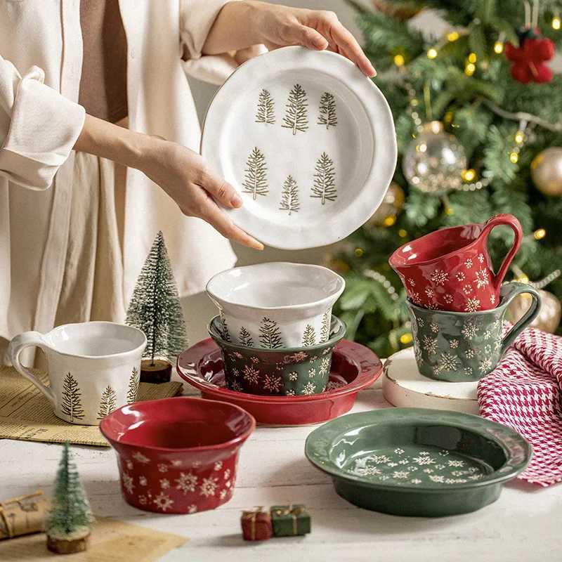 Christmas Christmas Tableware Embossed Plate Snowflake Steak Western Dish Creative Simple Ceramic Dessert Bowl Mug Y251113