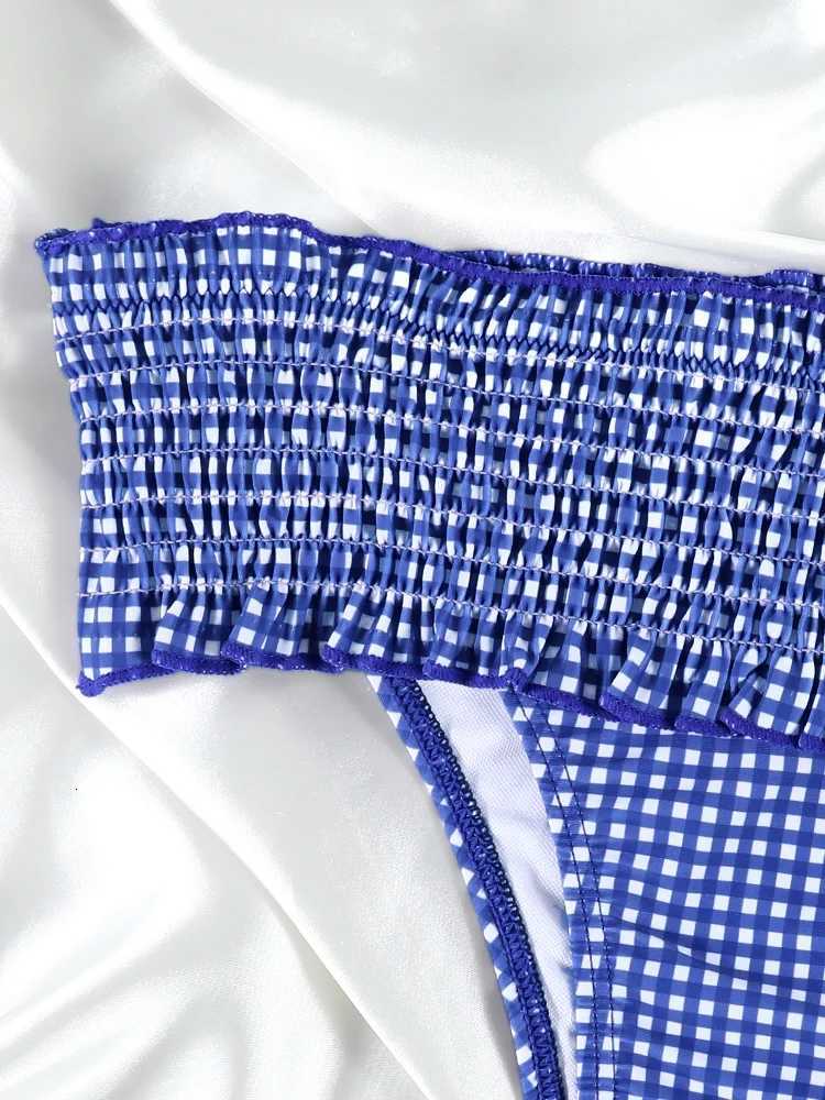 Bowknot Ruffle Bikinis Thongs Plaid Womens Swimsuit 2025 Red Lattice Swimwear Bathing Suits Biquini Summer Beachwear SwimsuitW251113