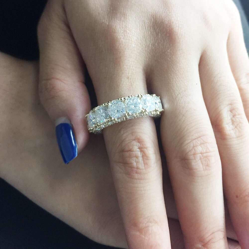 Solid 14K Yellow Gold DF Cushion Round 10.5ctw Moissanite Engagement Ring Full Diaond band For Women