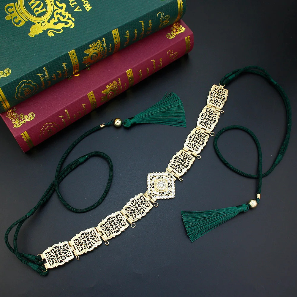 Sunspice Thin Womens Hand Rope with Gold Crystal Moroccan Waist Chain Caftan Abaya Body Chain Arab Bridal Jewelry 250408