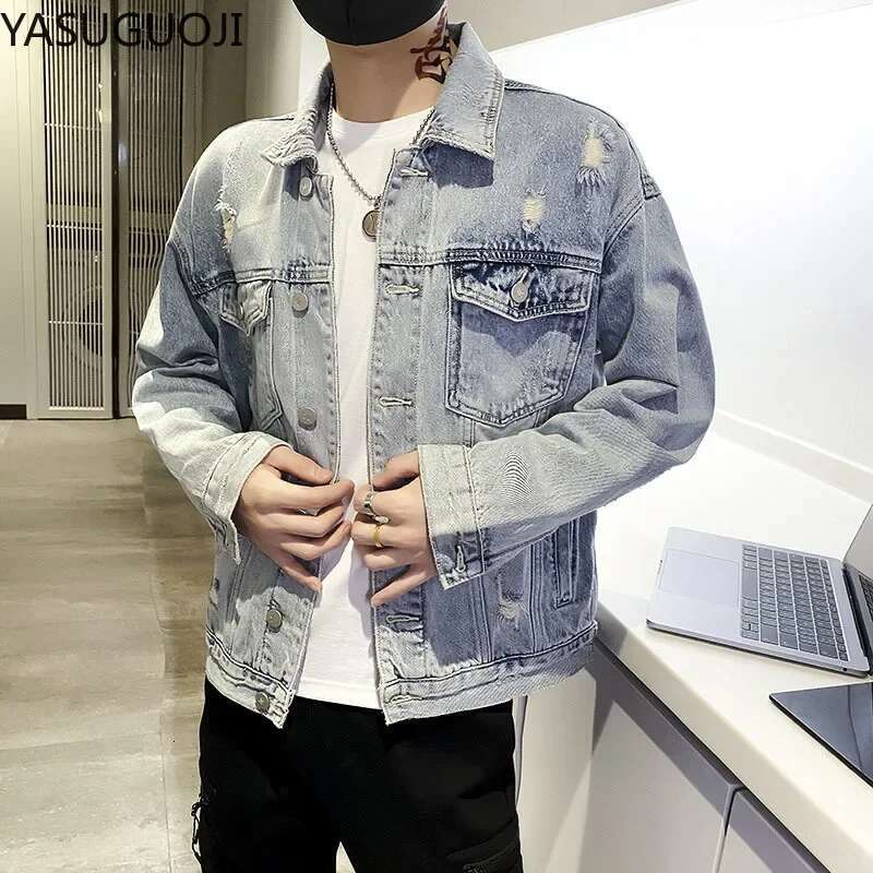 New 2024 Hip Pop Denim Jackets Japanese Cartoon Printed Loose Graffiti Frayed Coat Fashion Jean Jacket Men