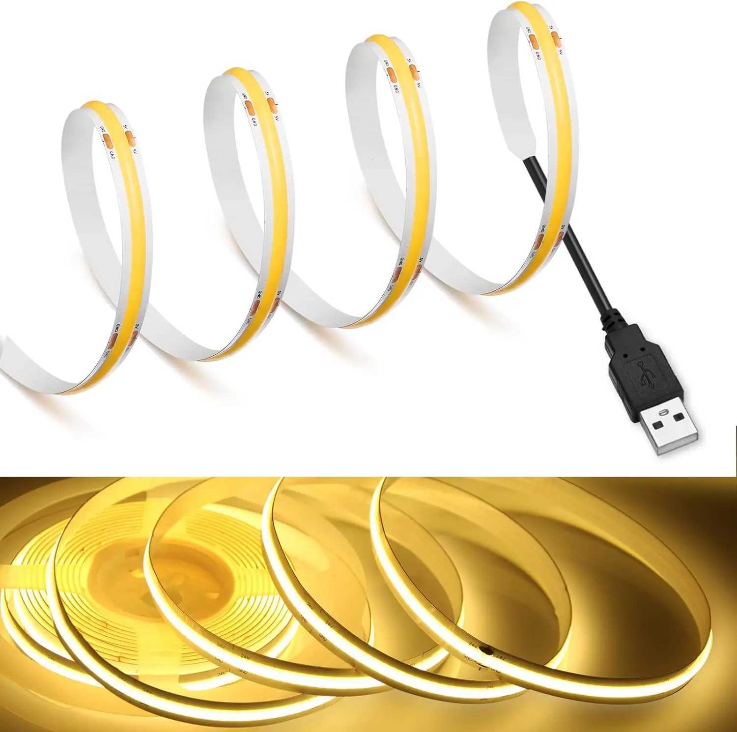 DC 5V USB LED COB Strip White Warm White LED Strip Light TV Background Lighting Tape Home Decor Lamp 1- 5m LED String Light W251112