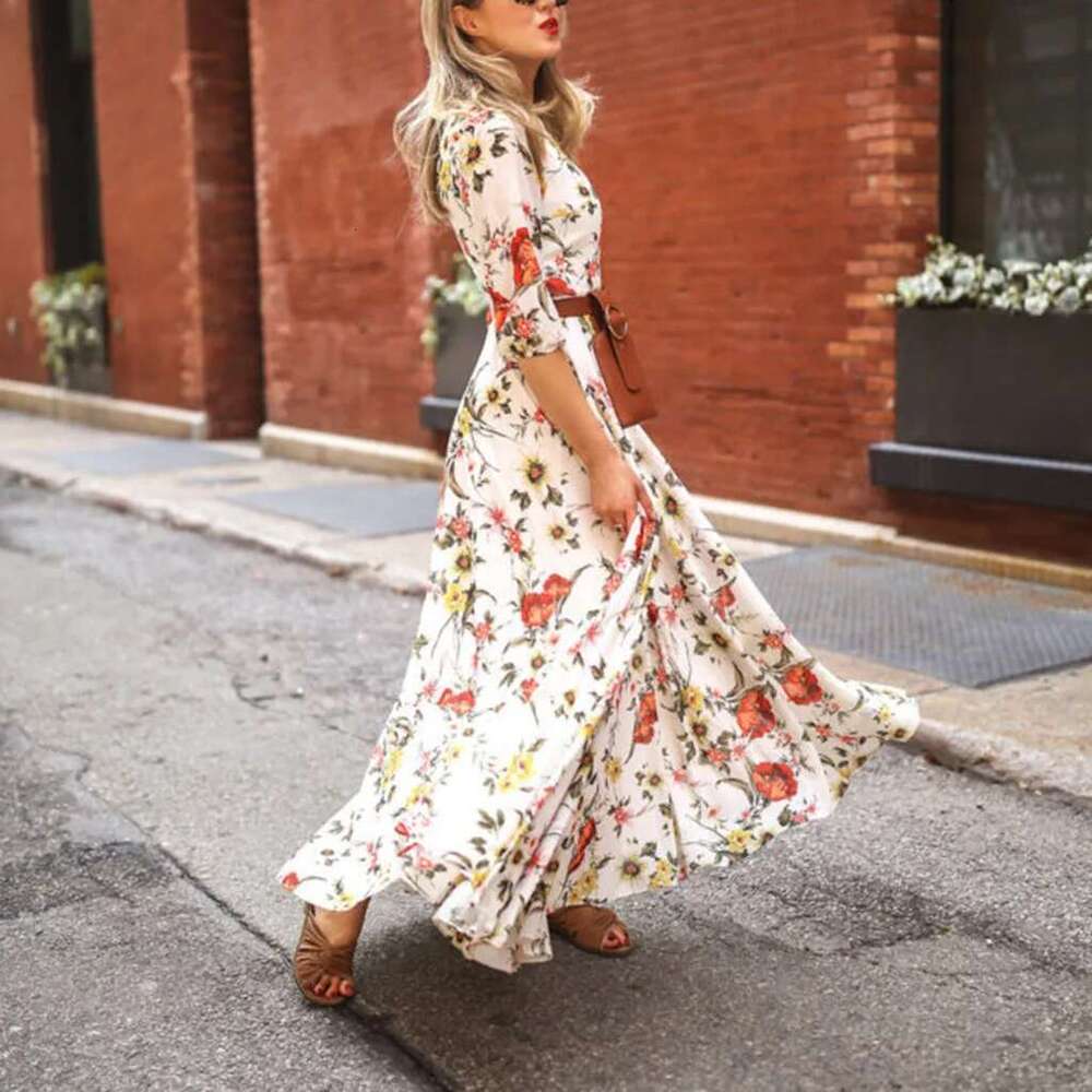 Spring Autumn Vintage Wer Ral Print Maxi Dress Office Lady Fashion Mujer Elegant Long Sleeve O-Neck Dresses For Women 2023