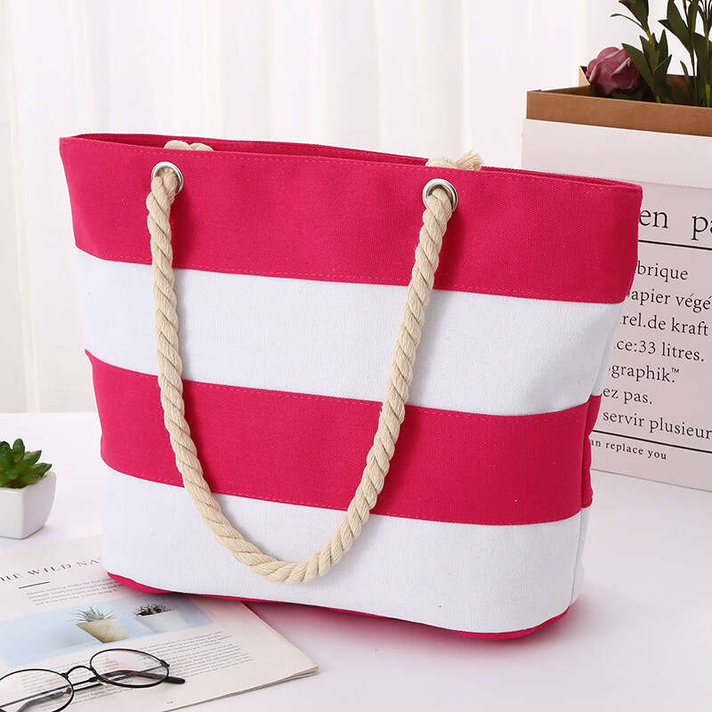 Coarse hemp rope striped patchwork for women's leisure, tourism, shopping, practical large capacity portable canvas bag
