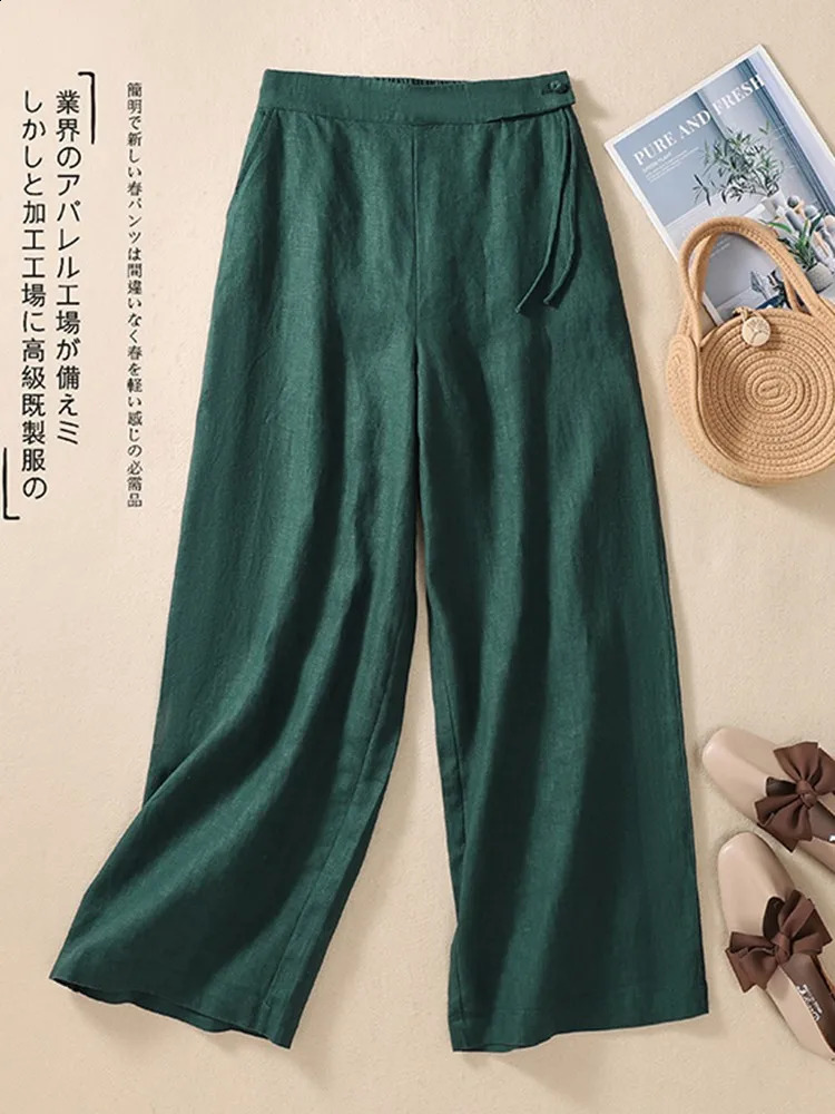 Womens casual wide leg pants summer retro style solid color straight loose womens cotton linen pants 250411
