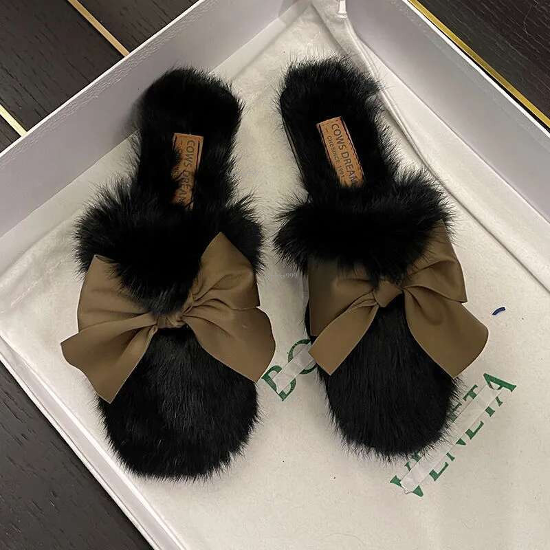 New Free Shipping Designer Shoes Slippers For Women, Worn As Outerwear Hairy Women's New Autumn Fashion Item Flat Bottomed And Versatile Bow Bow 