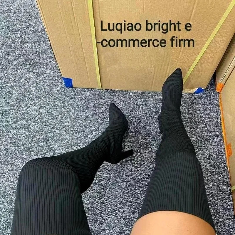 Woman Over The knee Boots Winter Thigh Knitted Elastic Socks Shoe Warm Sexy Stilettos Heels Pointed Long Boots 35-43 botas mujer 250411
